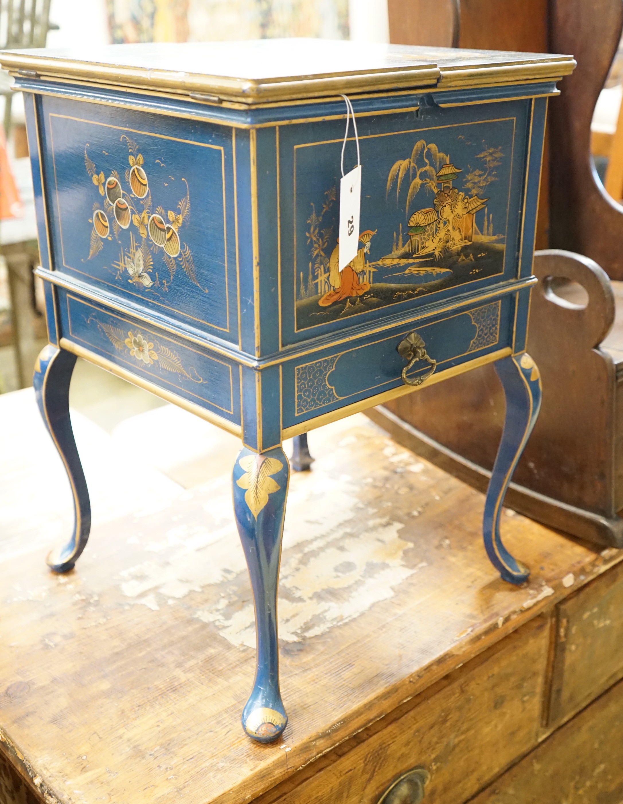 A 1920's square chinoiserie lacquer work box, Width 36cm, height 53cm